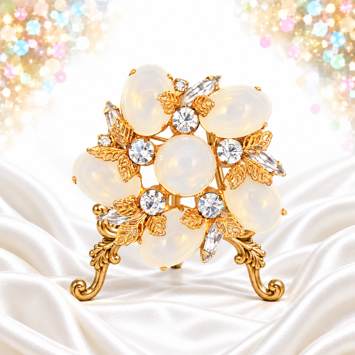 Vintage Juliana Faux Opal Lucite Clear Rhinestone Flower Brooch IIJJ#9709