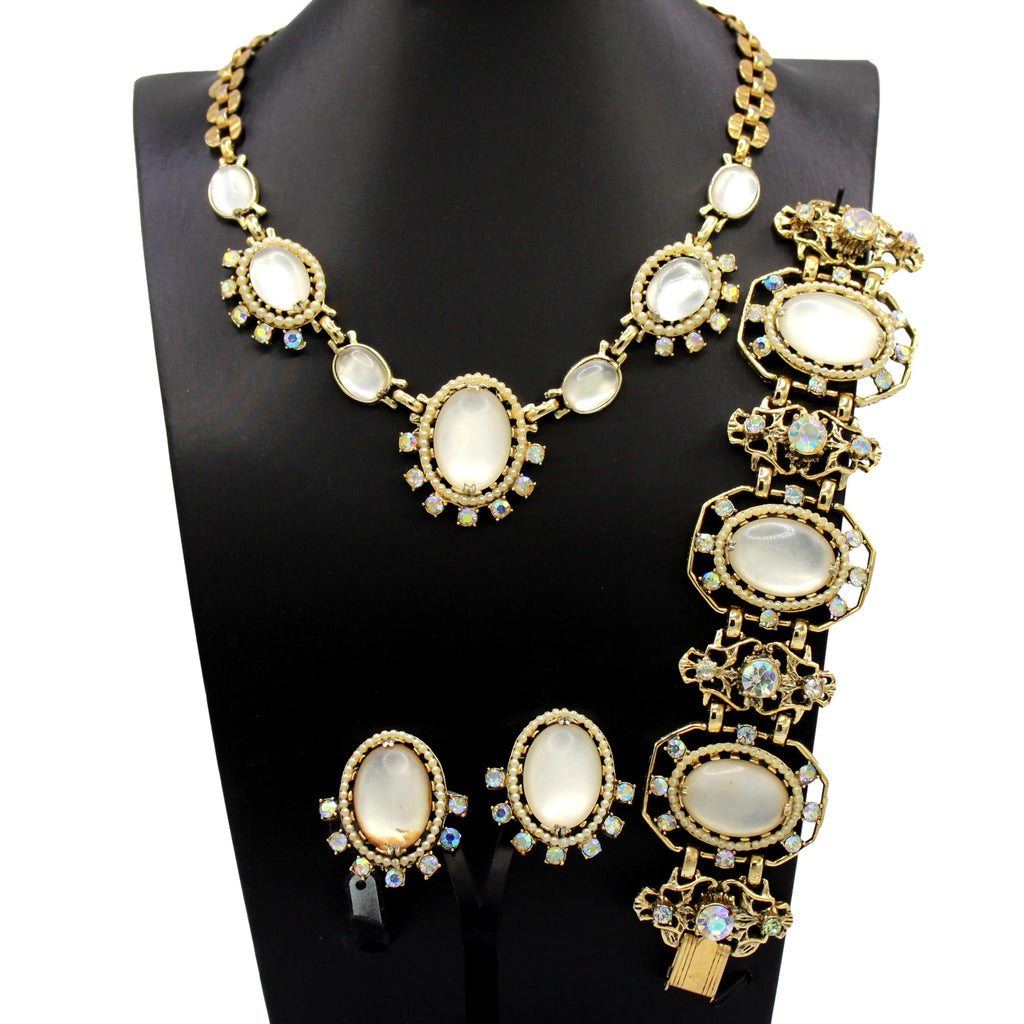 VTG Signd SELRO CORP Lucite Opal Rhinestone Pearl Necklace Bracelet Earrings Set