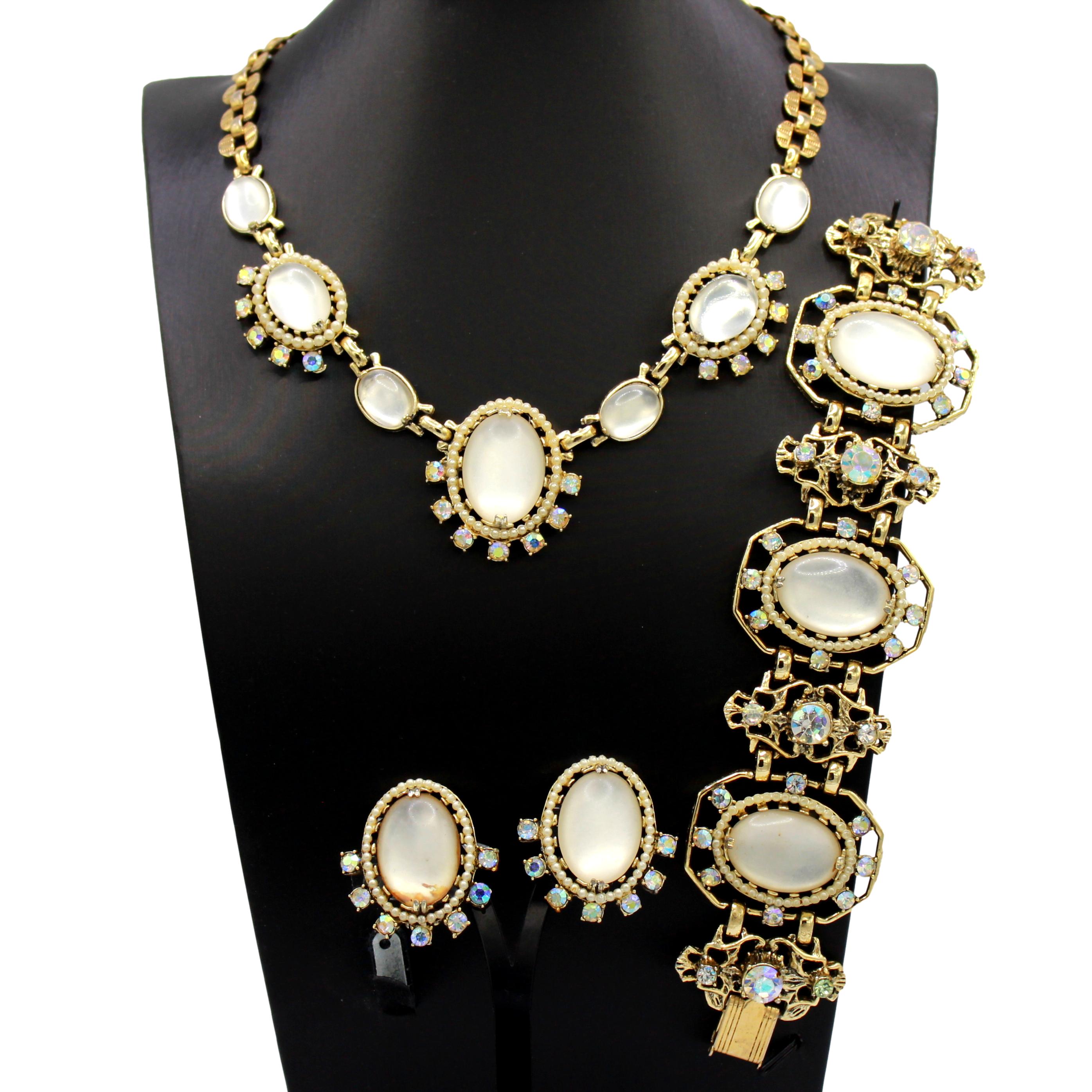 VTG Signd SELRO CORP Lucite Opal Rhinestone Pearl Necklace Bracelet Earrings Set