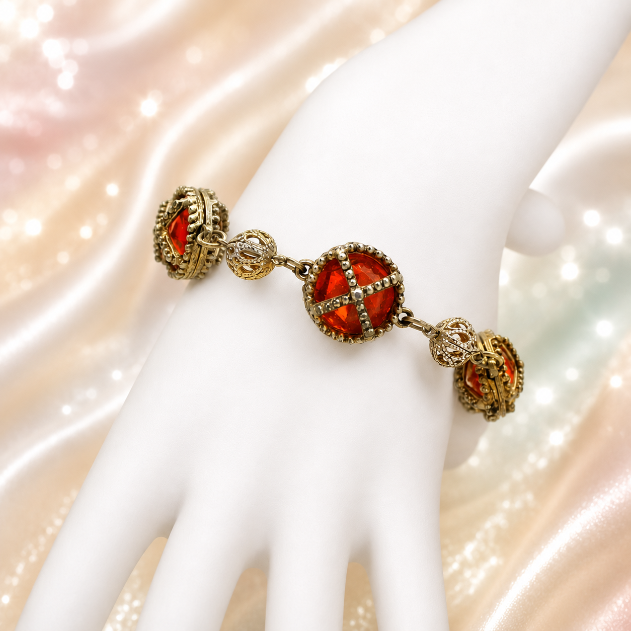 Vintage Juliana Orange Caged Rhinestone Bracelet Antiqued Silver Tone IIJJ#9272