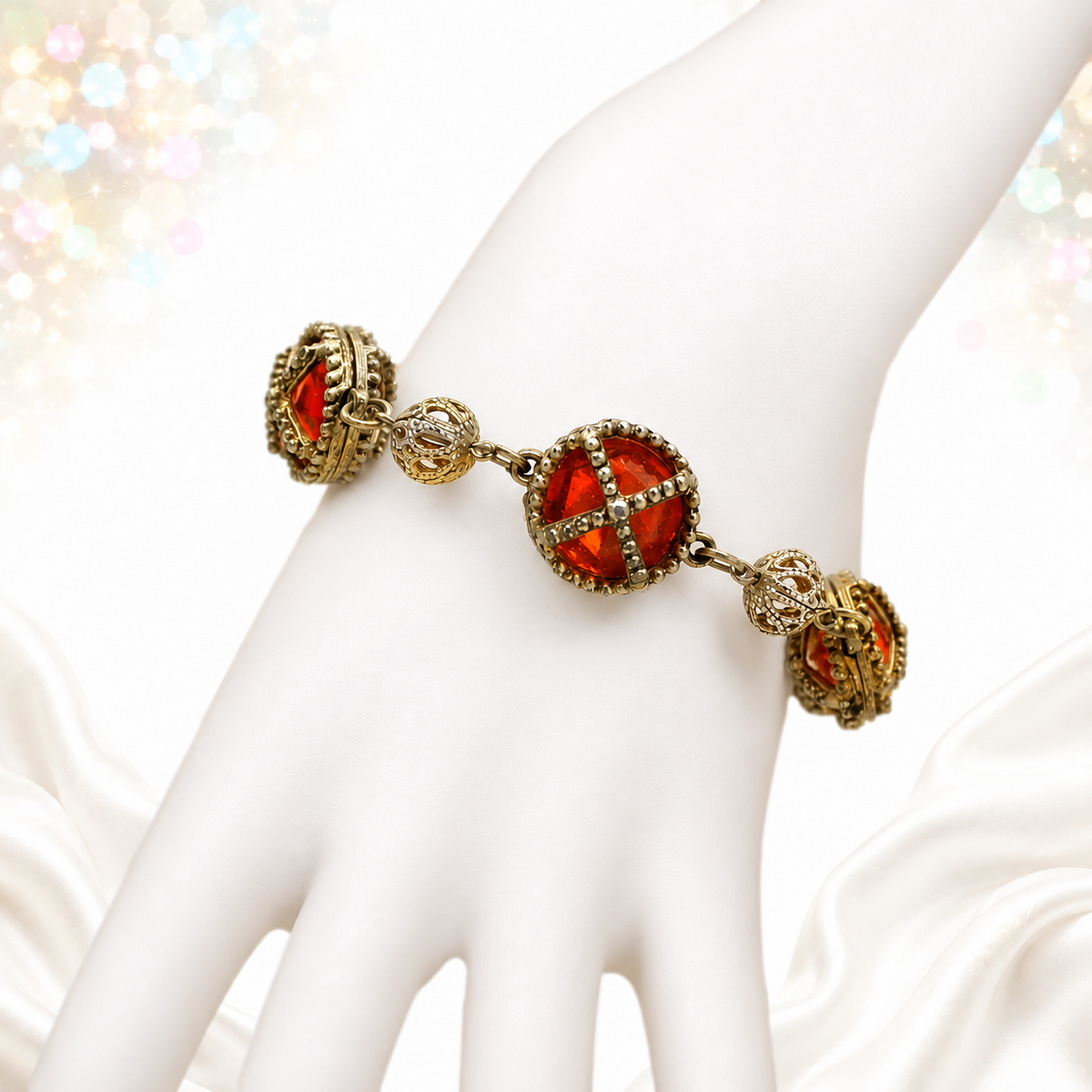 Vintage Juliana Orange Caged Rhinestone Bracelet Antiqued Silver Tone IIJJ#9272