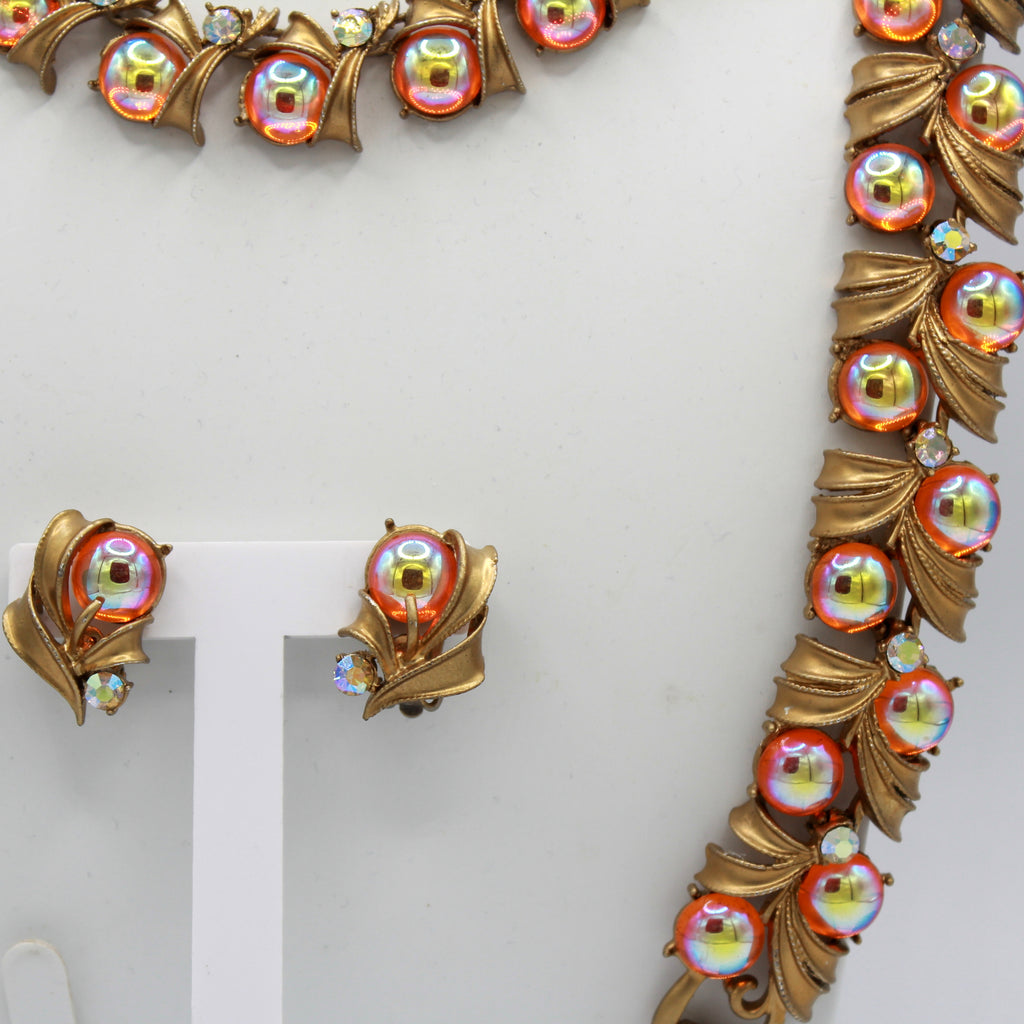 Vintage Coro Pegasus Iridescent Orange Cabochon AB Rhinestone Necklace Bracelet Earrings Parure