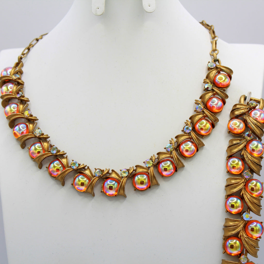 Vintage Coro Pegasus Iridescent Orange Cabochon AB Rhinestone Necklace Bracelet Earrings Parure