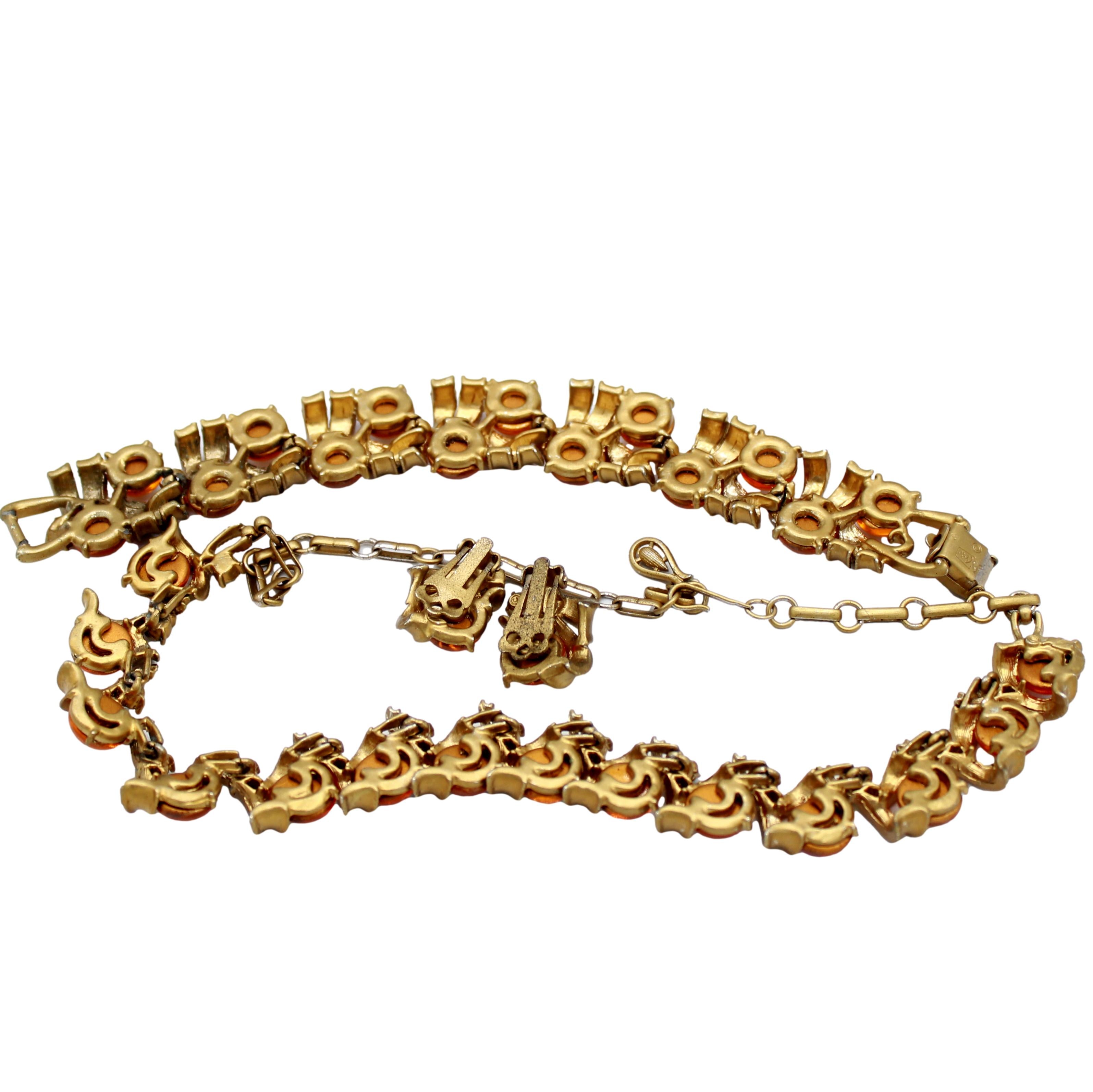 Vintage CORO PEGASUS Iridescent Orange Cabochon AB Rhinestone Necklace Bracelet Earrings