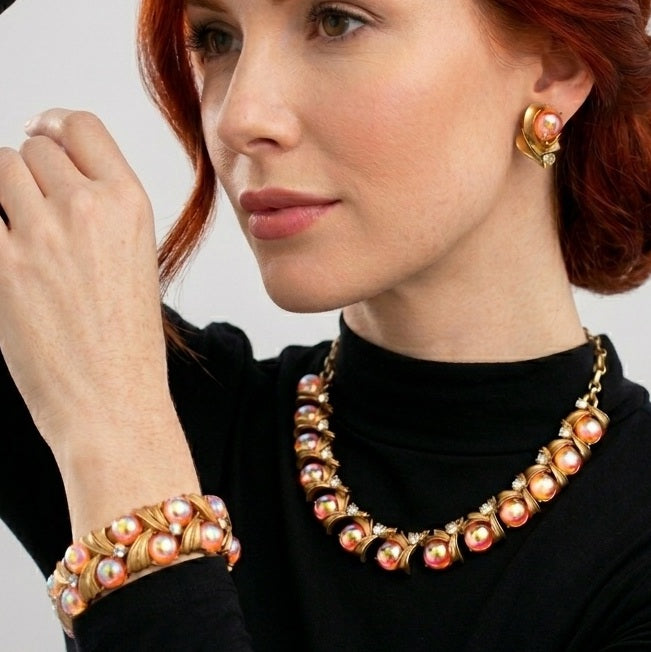 Vintage CORO PEGASUS Iridescent Orange Cabochon AB Rhinestone Necklace Bracelet Earrings