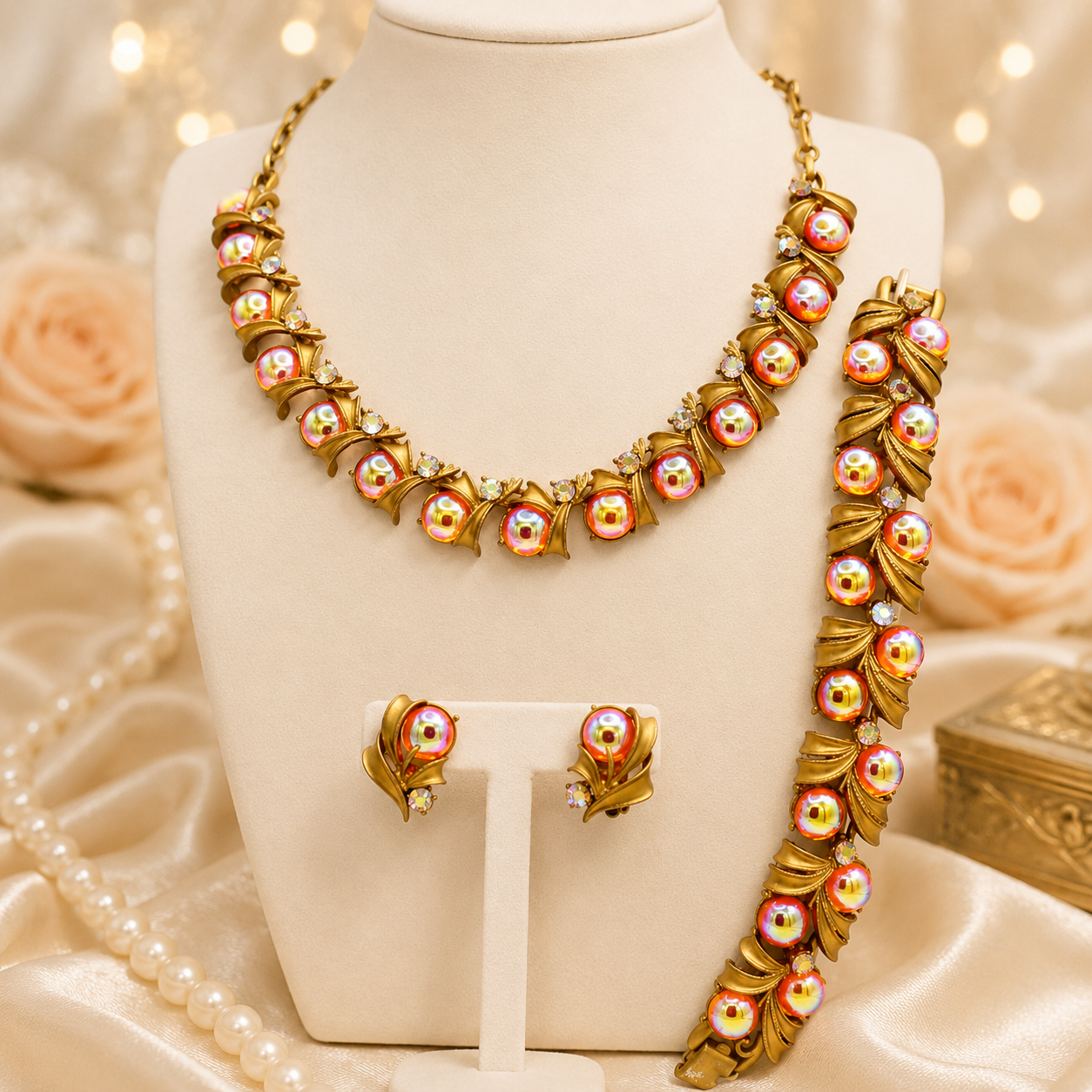 Vintage Coro Pegasus Iridescent Orange Cabochon AB Rhinestone Necklace Bracelet Earrings Parure