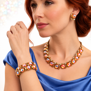 Vintage Coro Pegasus Iridescent Orange Cabochon AB Rhinestone Necklace Bracelet Earrings Parure