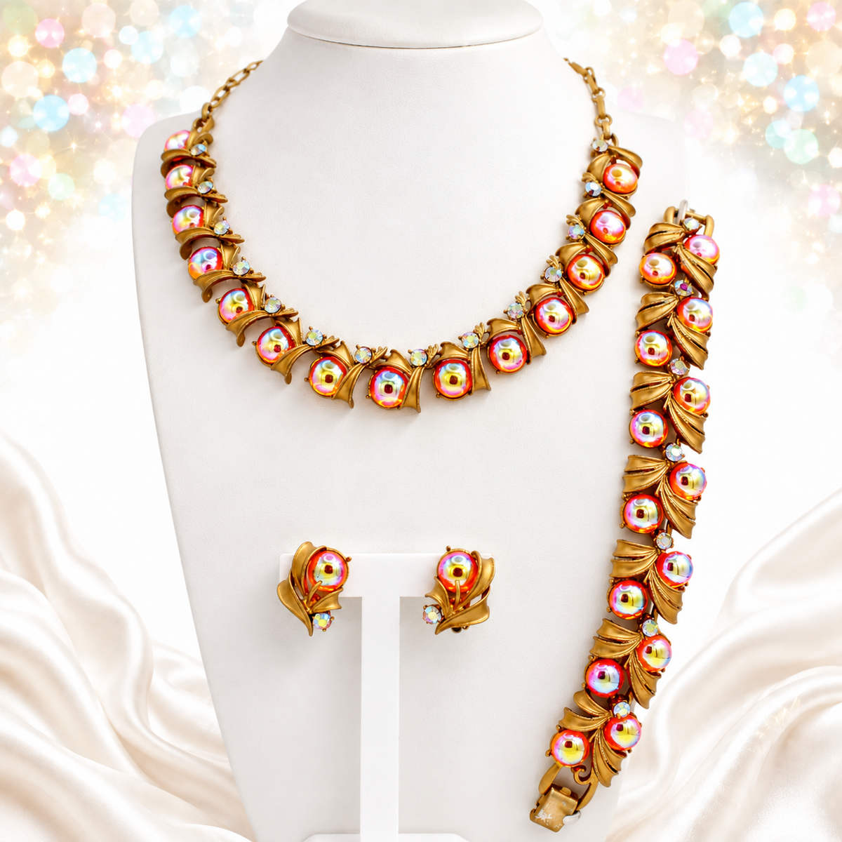 Vintage Coro Pegasus Iridescent Orange Cabochon AB Rhinestone Necklace Bracelet Earrings Parure