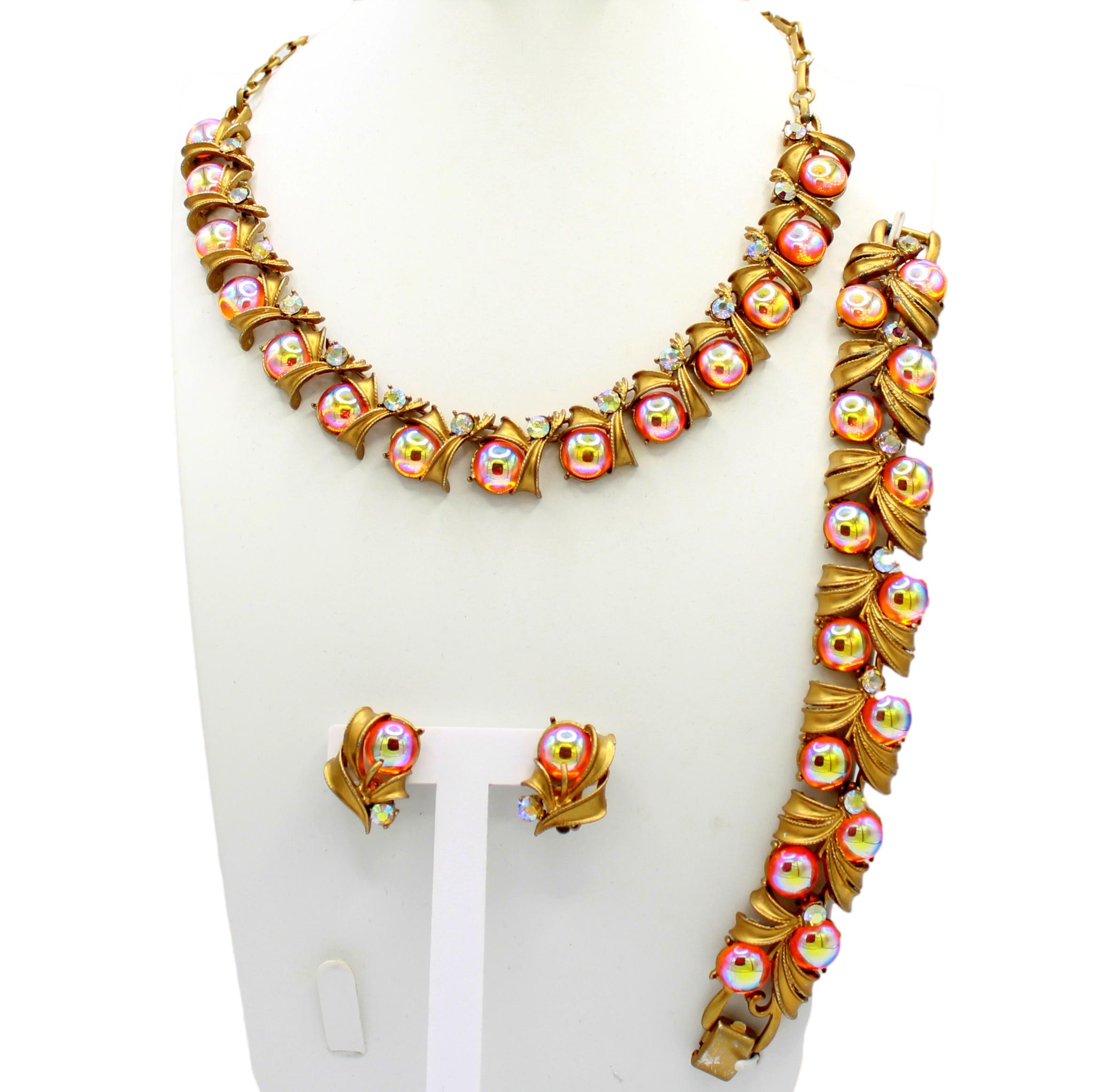 Vintage CORO PEGASUS Iridescent Orange Cabochon AB Rhinestone Necklace Bracelet Earrings
