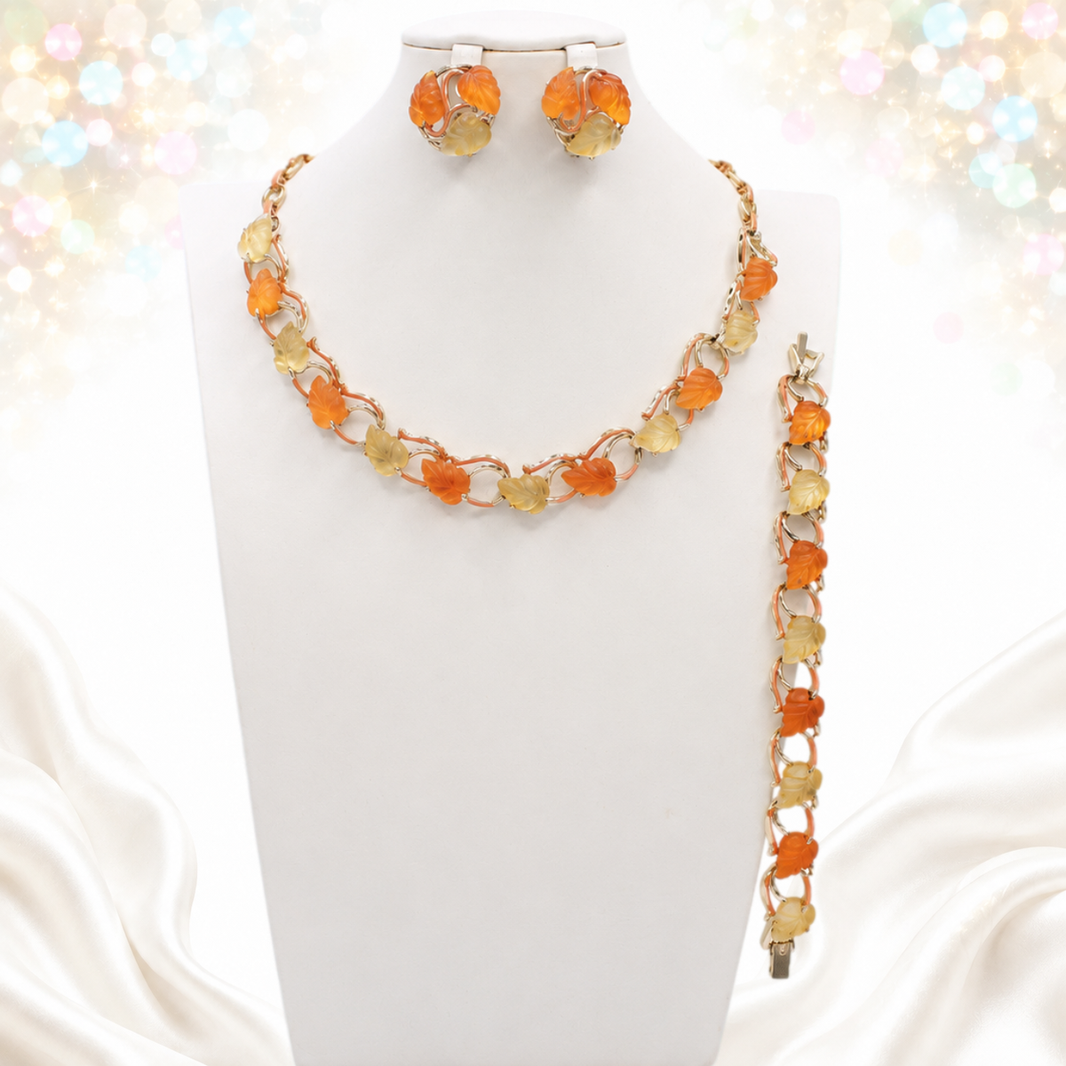 Vintage STAR Orange Enamel Molded Leaf Necklace Bracelet Earrings Parure