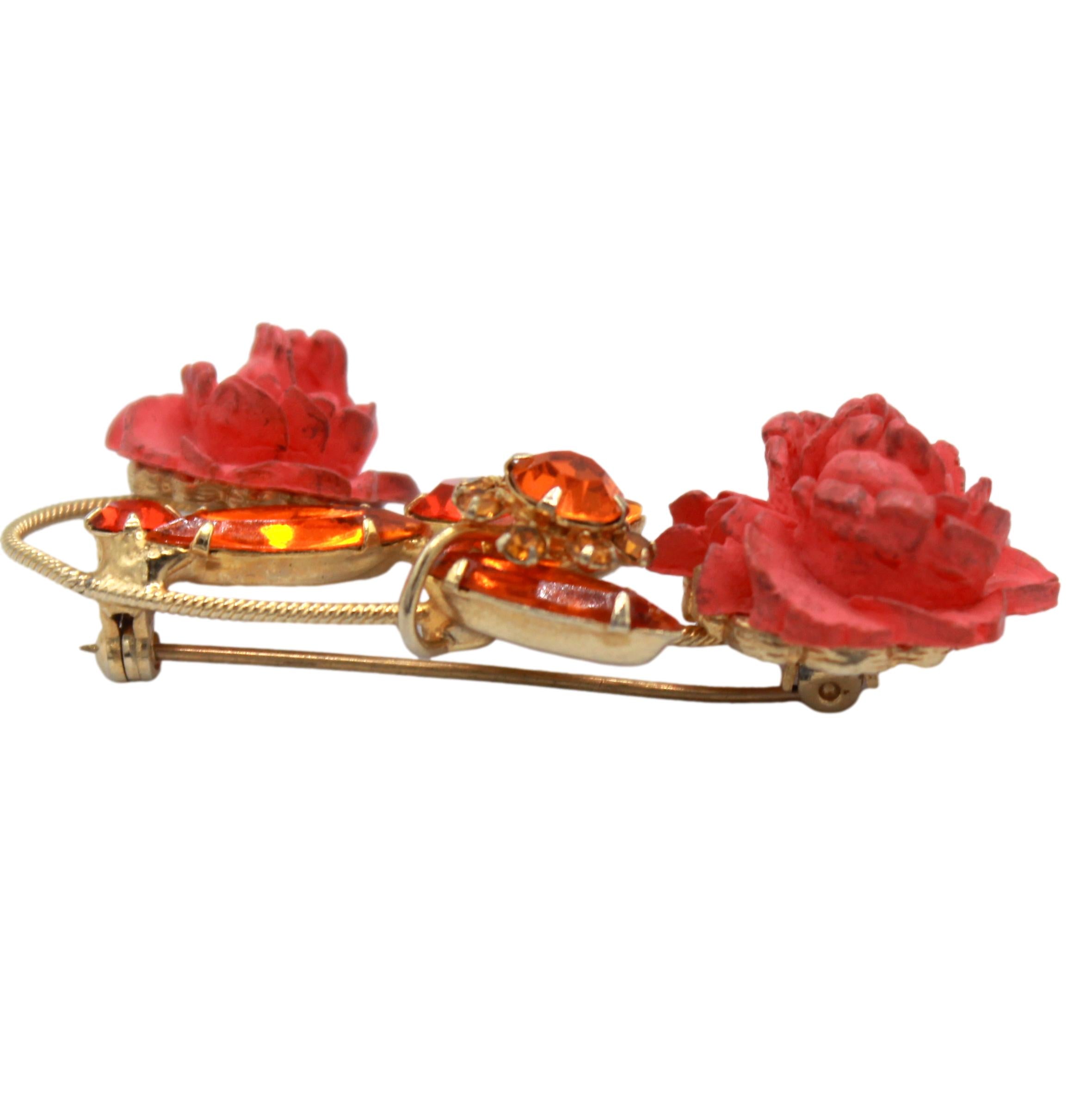 Vintage JULIANA Figural Rose Flower Orange Rhinestone Brooch Book IIJJ#8648