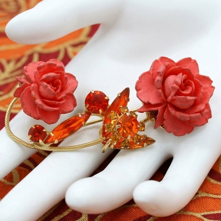 Vintage JULIANA Figural Rose Flower Orange Rhinestone Brooch Book IIJJ#8648