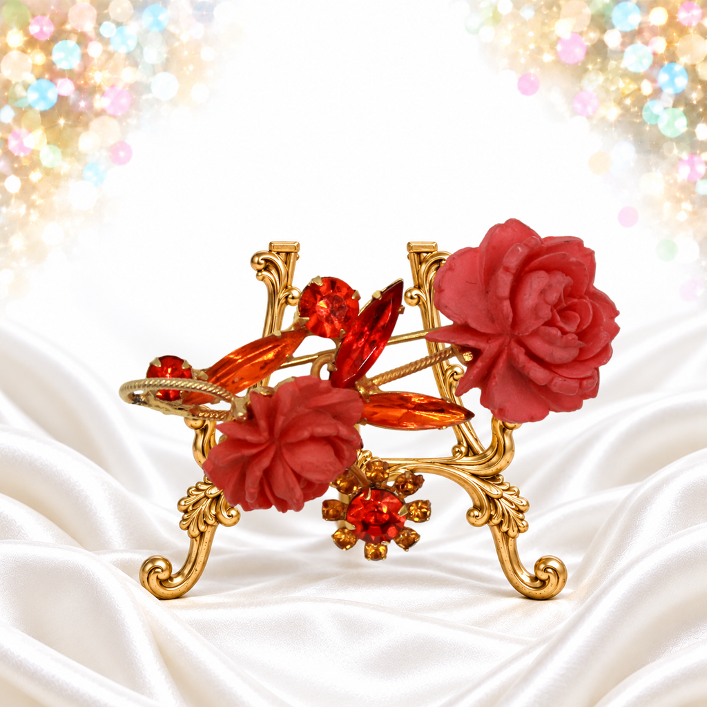 Vintage Juliana Orange Topaz Rhinestone Resin Rose Figural Brooch IIJJ#8648