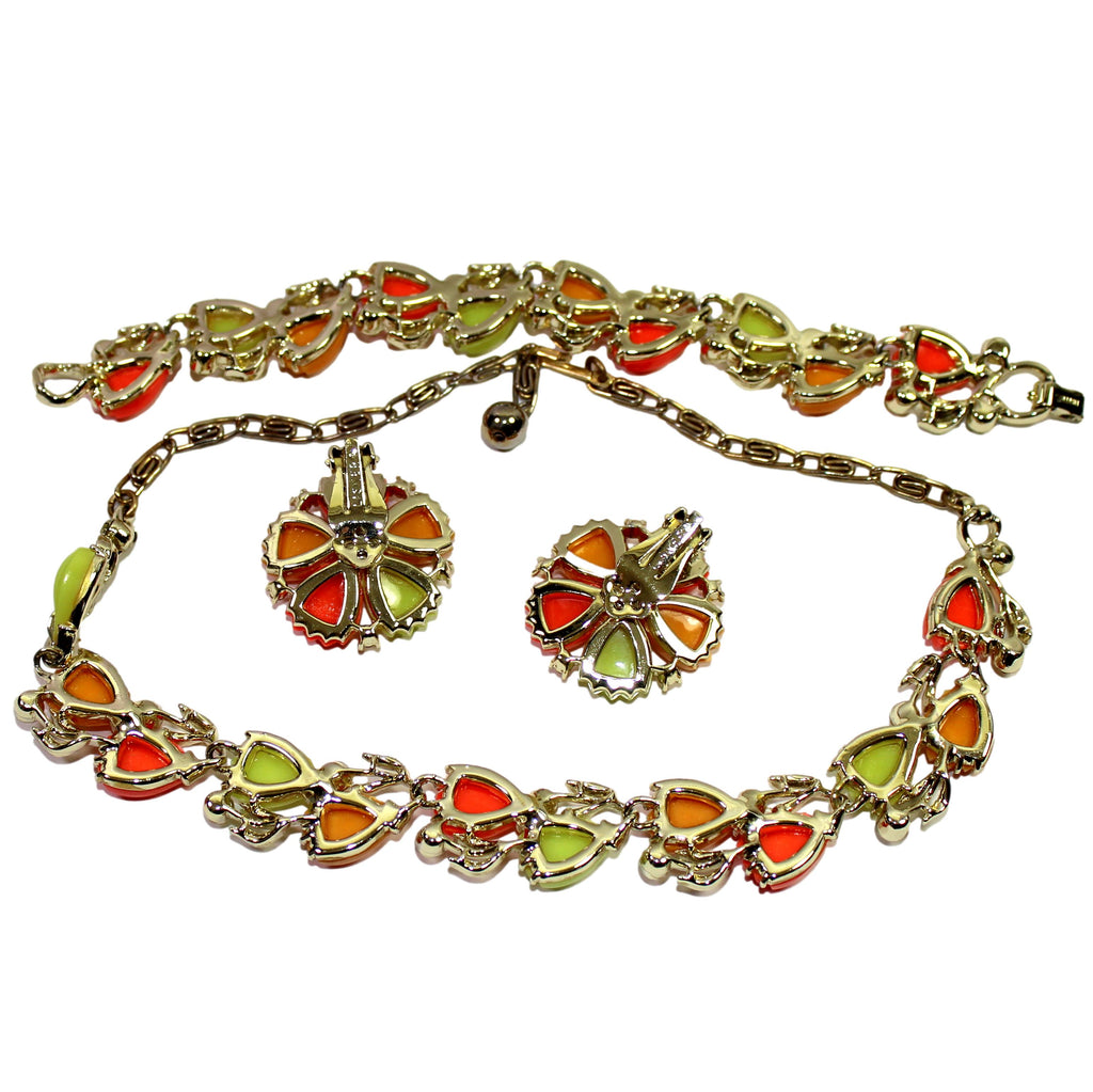 Vintage LISNER Neon Orange Yellow Thermoset Rhinestone Necklace Bracelet Earrings Set