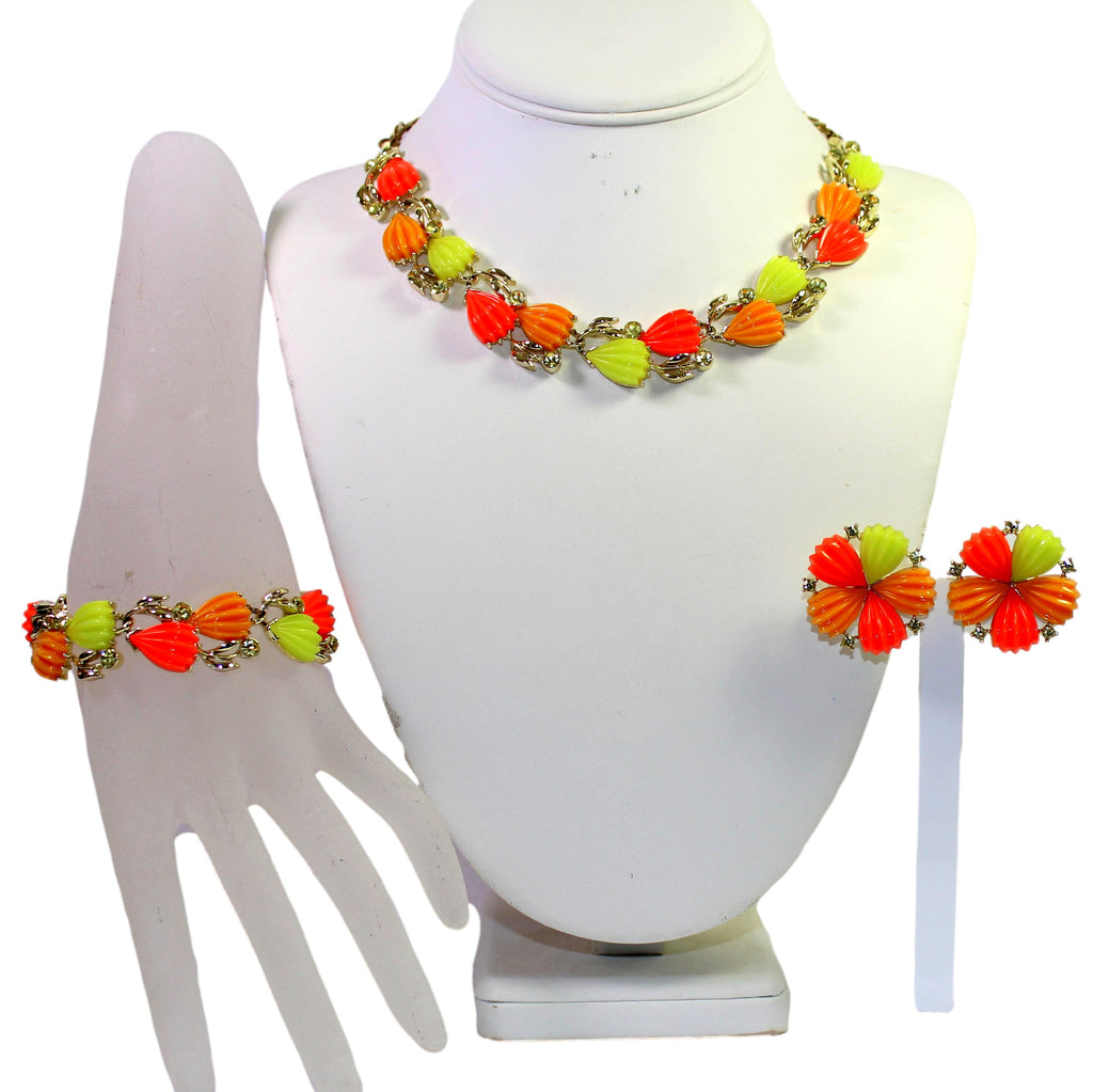 Vintage LISNER Neon Orange Yellow Thermoset Rhinestone Necklace Bracelet Earrings Set