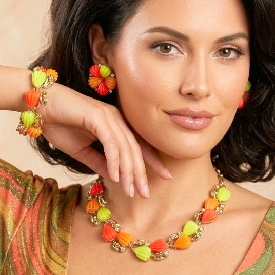 Vintage LISNER Neon Orange Yellow Thermoset Rhinestone Necklace Bracelet Earrings Set