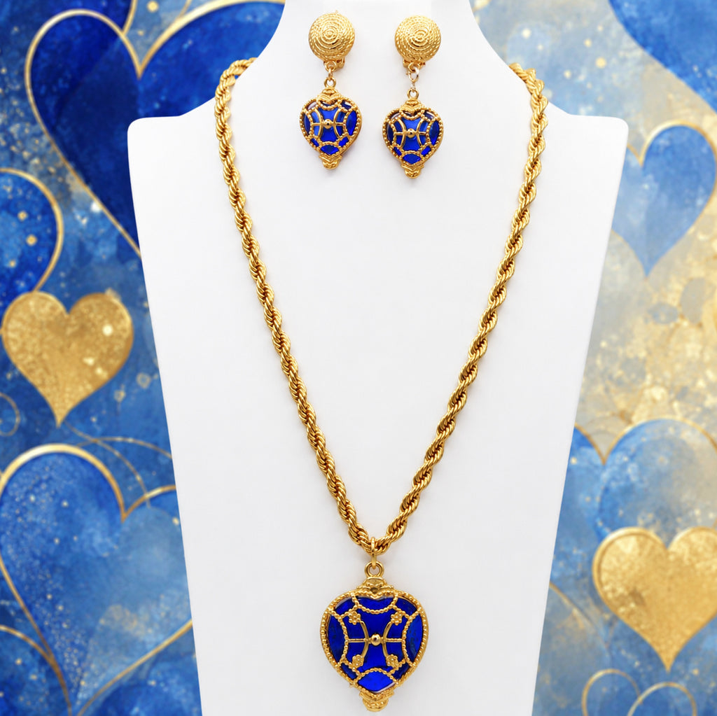 Coming Soon Vintage Juliana Park Lane Caged Blue Heart Pendant Necklace Clip Dangle Earrings IIJJ #8713