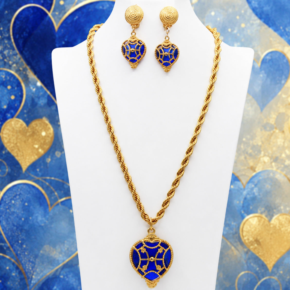 Coming Soon Vintage Juliana Park Lane Caged Blue Heart Pendant Necklace Clip Dangle Earrings IIJJ #8713