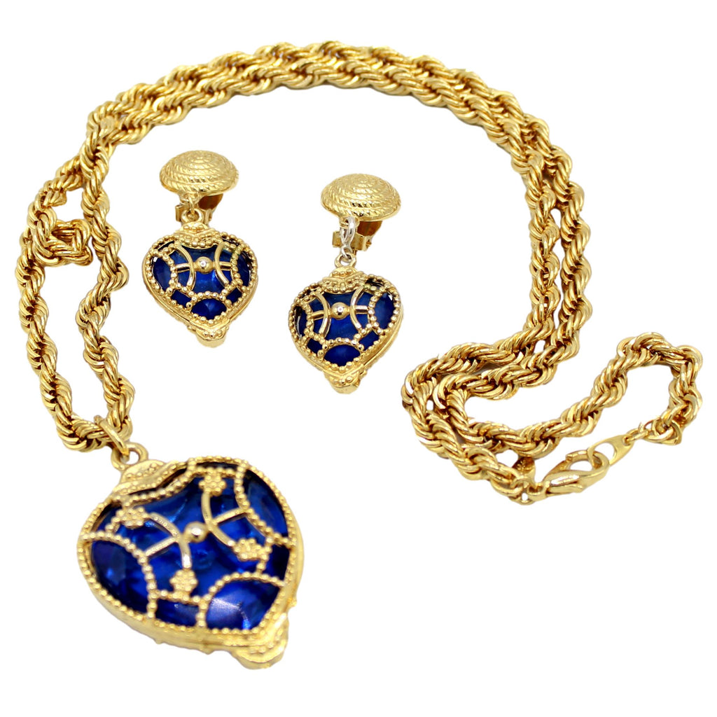 Coming Soon Vintage Juliana Park Lane Caged Blue Heart Pendant Necklace Clip Dangle Earrings IIJJ #8713
