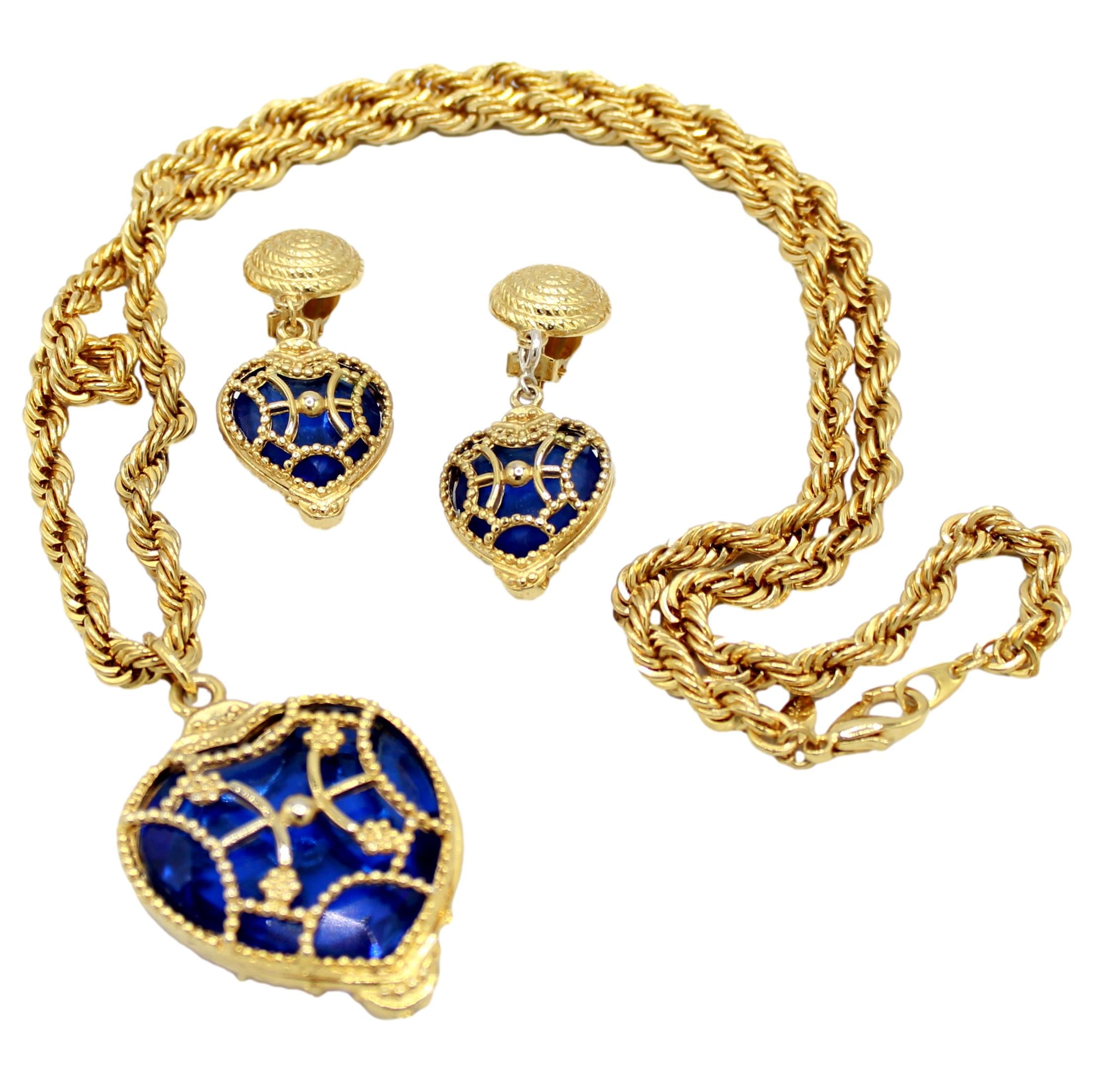 Coming Soon Vintage Juliana Park Lane Caged Blue Heart Pendant Necklace Clip Dangle Earrings IIJJ #8713