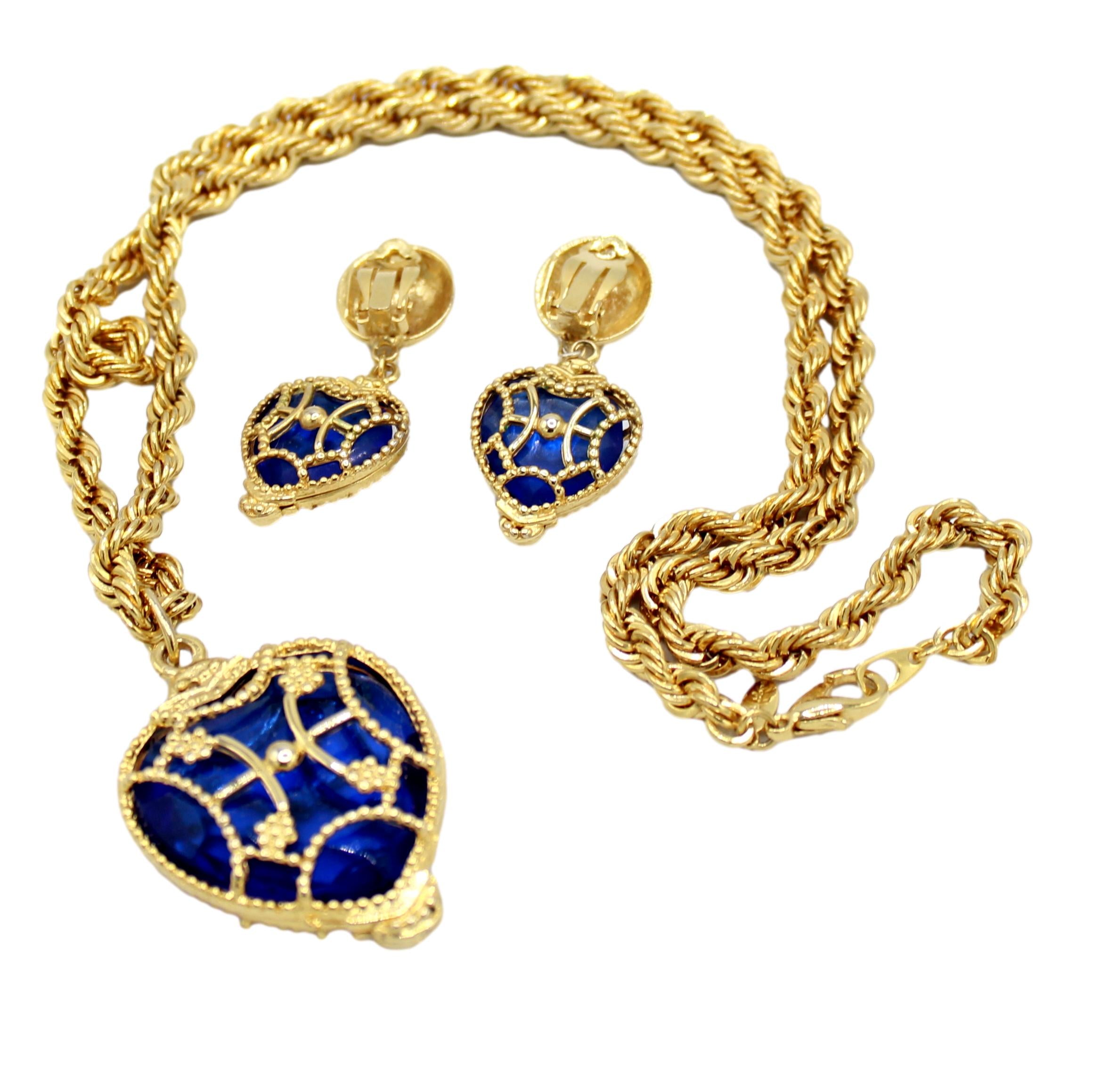 Coming Soon Vintage Juliana Park Lane Caged Blue Heart Pendant Necklace Clip Dangle Earrings IIJJ #8713