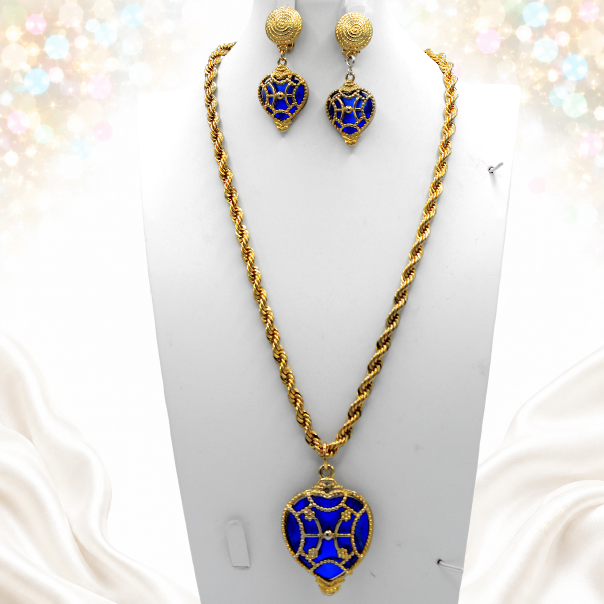 Vintage Juliana Park Lane Caged Blue Heart Pendant Necklace Clip Dangle Earrings IIJJ #8713