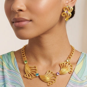 Vintage JULIANA Pastel Rhinestone Uranium Glass Feather Fan Necklace Earrings IIJJ#7269