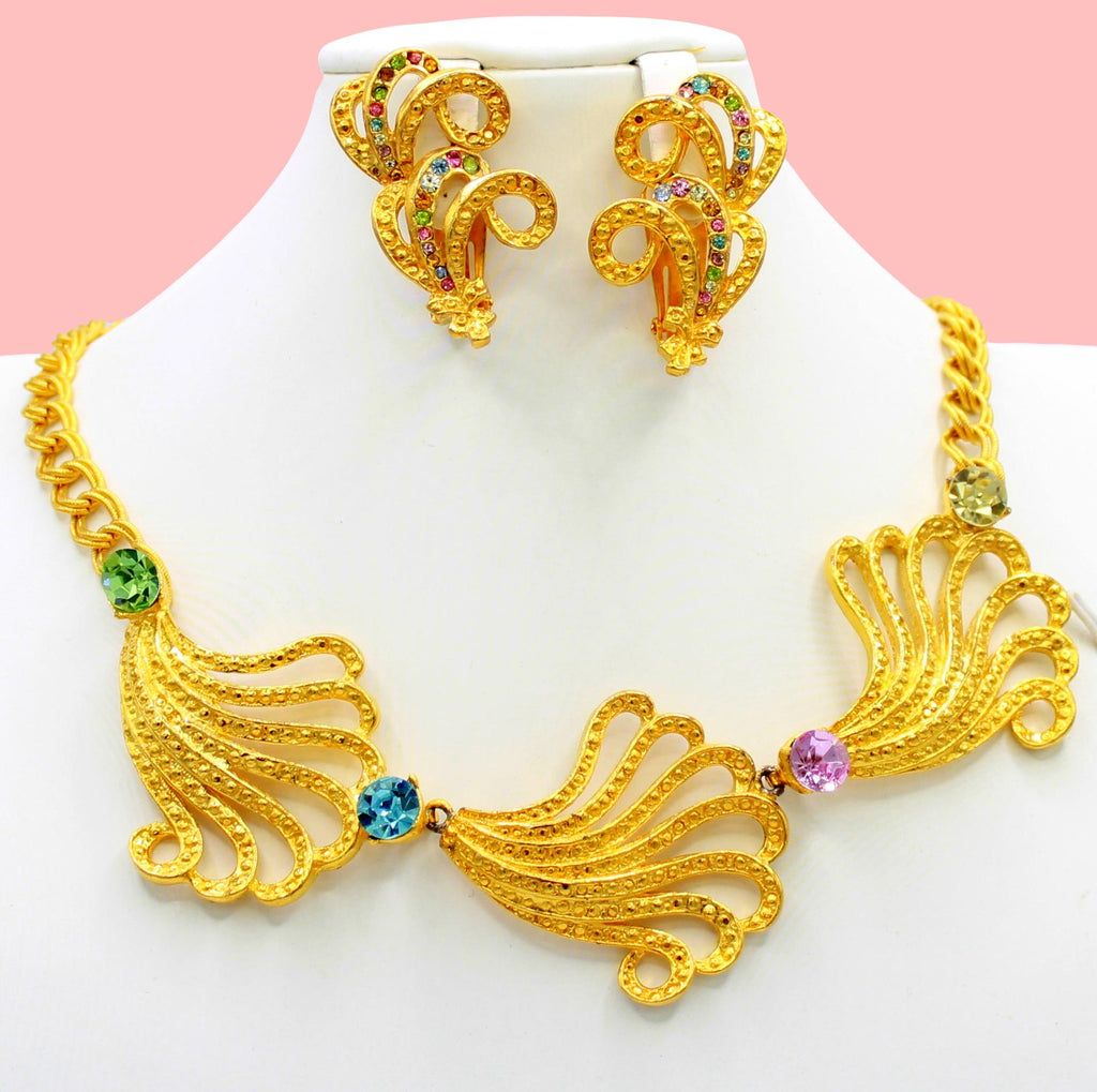 Vintage JULIANA Pastel Rhinestone Uranium Glass Feather Fan Necklace Earrings IIJJ#7269