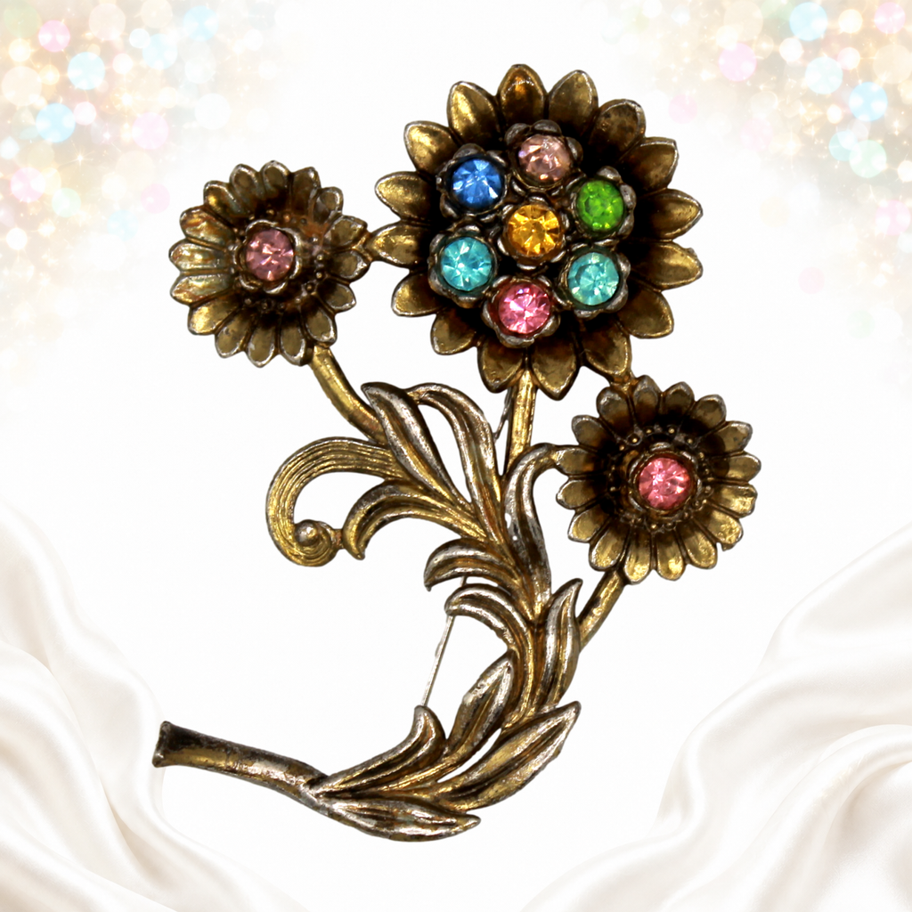 Vintage Little Nemo Pastel Rhinestone Flower Bouquet Brooch