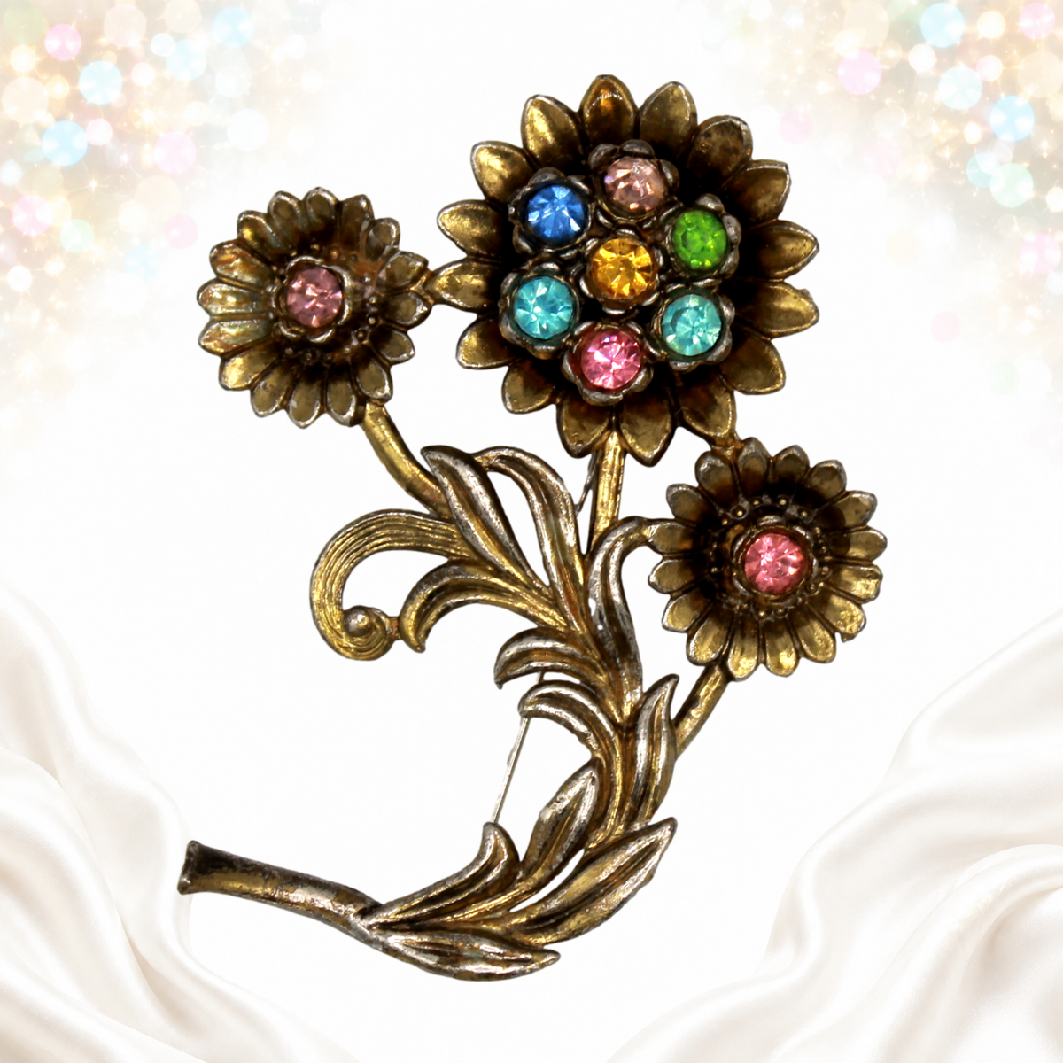 Vintage Little Nemo Pastel Rhinestone Flower Bouquet Brooch