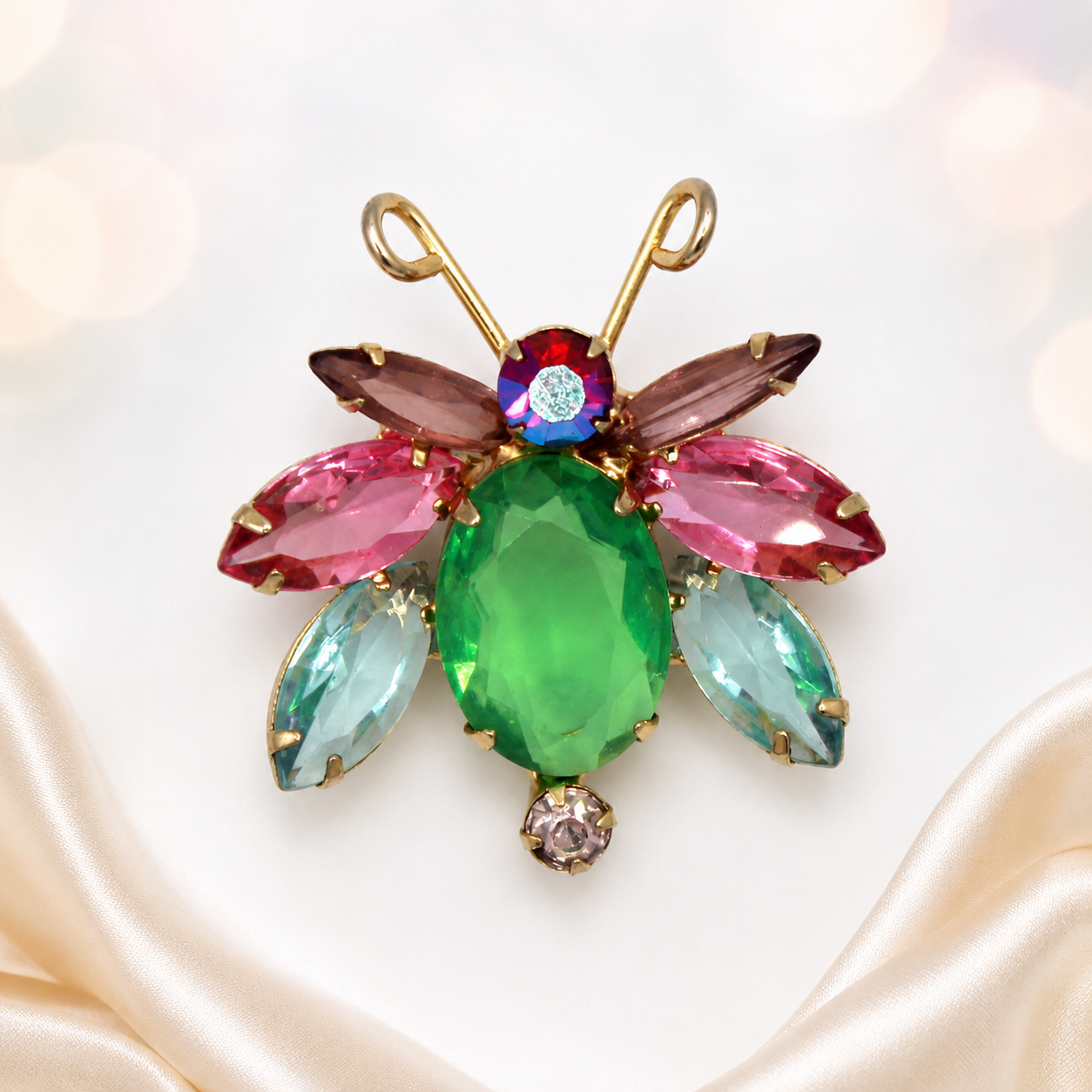 Vintage Juliana Pastel Glitter Bug Figural Rhinestone Brooch Pink Blue Green IIJJ#2450