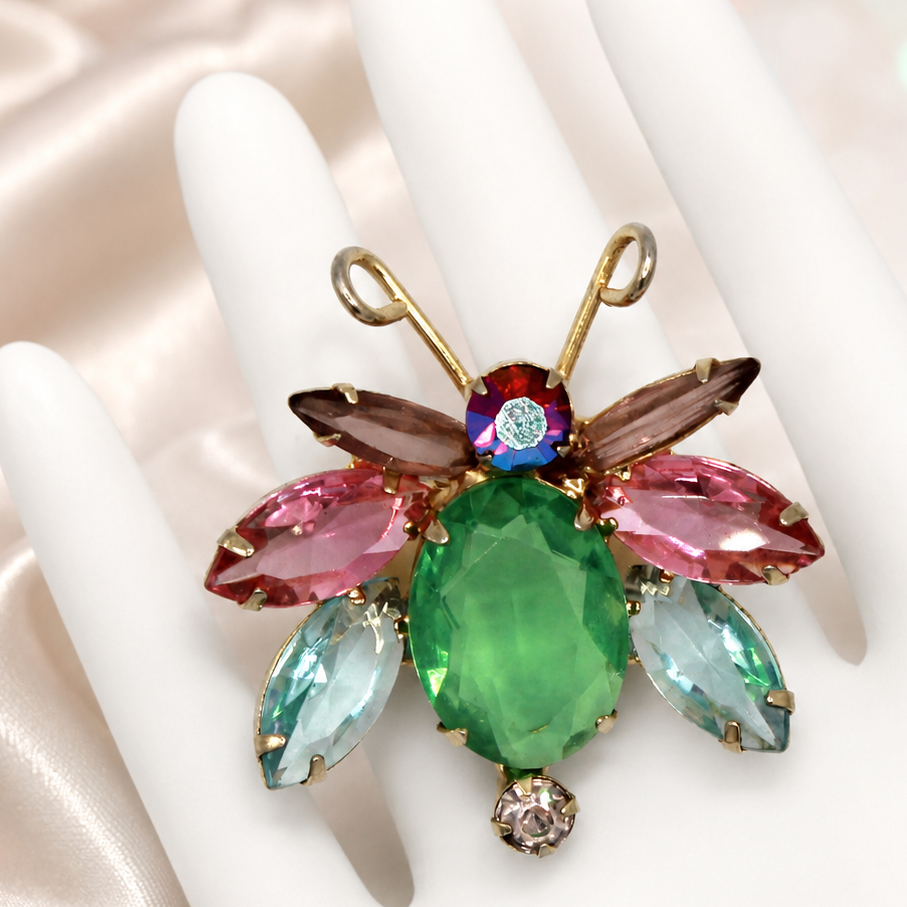 Vintage Juliana Pastel Glitter Bug Figural Rhinestone Brooch Pink Blue Green IIJJ#2450
