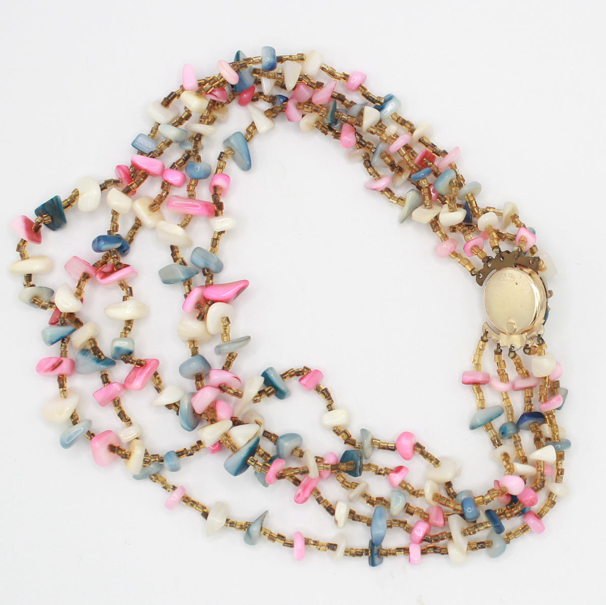 Vintage Pastel Five Strand Dyed Shell Chip Seed Bead Necklace