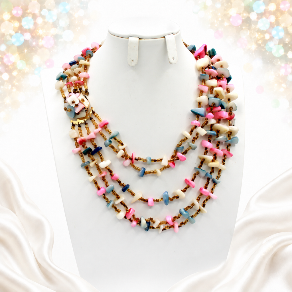 Vintage Pastel Five Strand Dyed Shell Chip Seed Bead Necklace