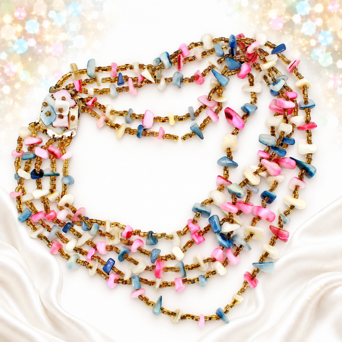 Vintage Pastel Five Strand Dyed Shell Chip Seed Bead Necklace