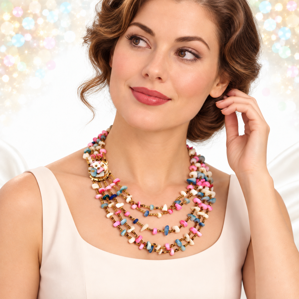 Vintage Pastel Five Strand Dyed Shell Chip Seed Bead Necklace