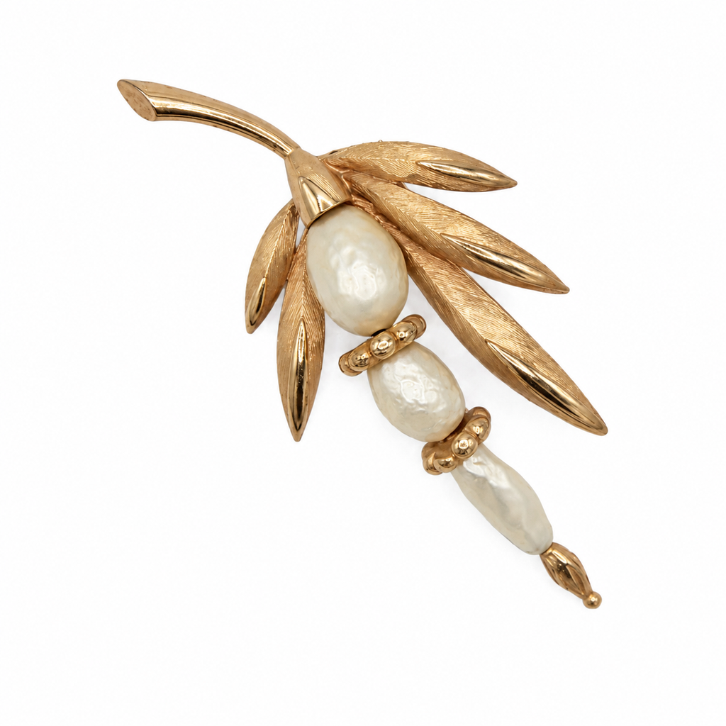 Vintage Kramer Gold Tone Leaf Spray Faux Baroque Pearl Brooch