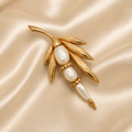 Vintage Kramer Gold Tone Leaf Spray Faux Baroque Pearl Brooch