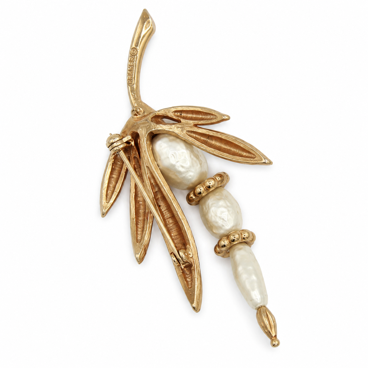 Vintage Kramer Gold Tone Leaf Spray Faux Baroque Pearl Brooch