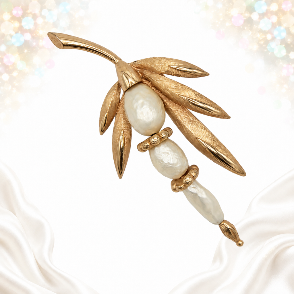 Vintage Kramer Gold Tone Leaf Spray Faux Baroque Pearl Brooch