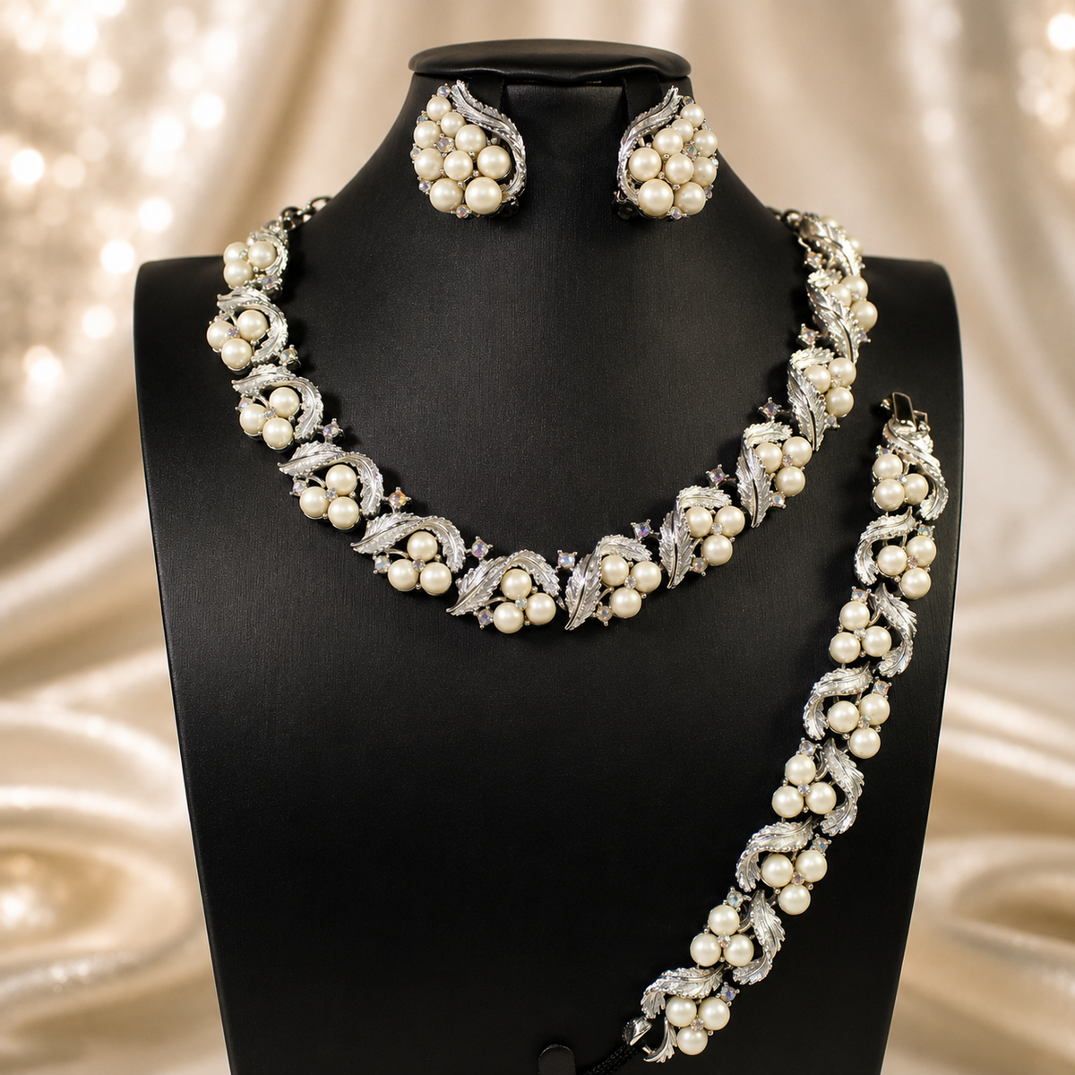 Vintage Lisner Faux Pearl AB Rhinestone Silver Tone Leaf Necklace Bracelet Earrings Parure