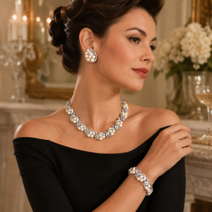 Vintage Lisner Faux Pearl AB Rhinestone Silver Tone Leaf Necklace Bracelet Earrings Parure