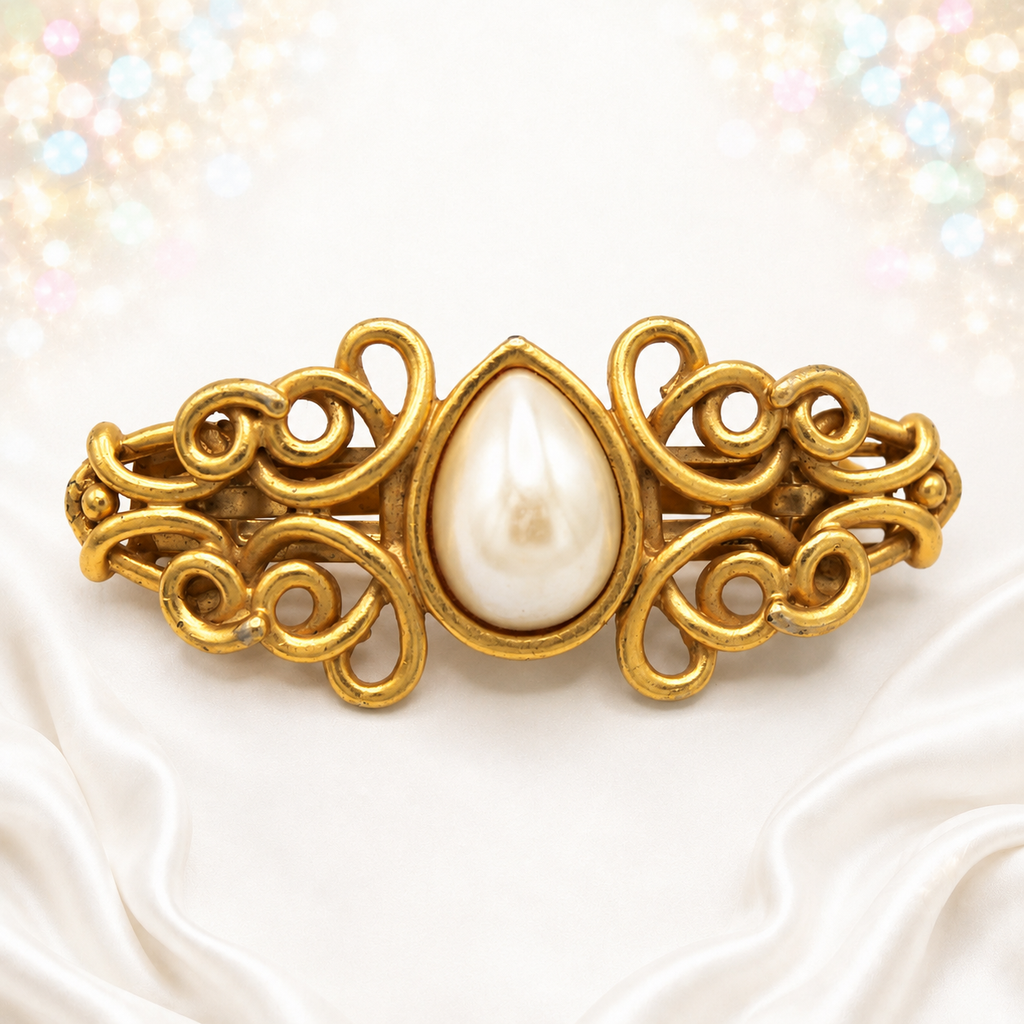 Vintage Juliana Faux Pearl Swirl Gold Tone Hair Barrette IIJJ#9347