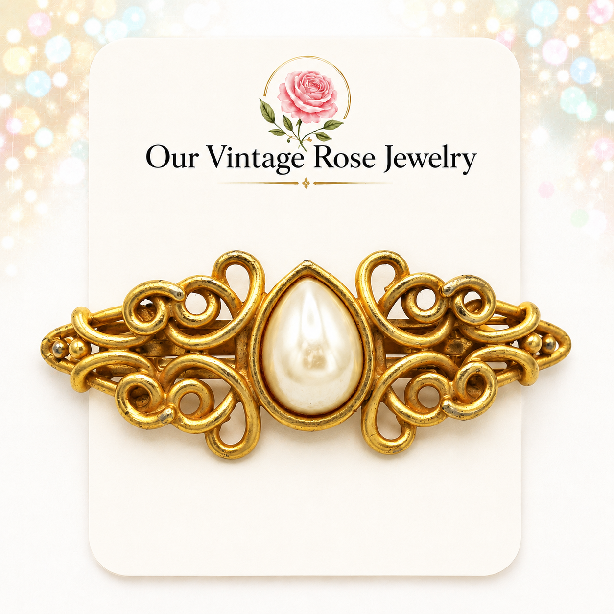 Vintage Juliana Faux Pearl Swirl Gold Tone Hair Barrette IIJJ#9347