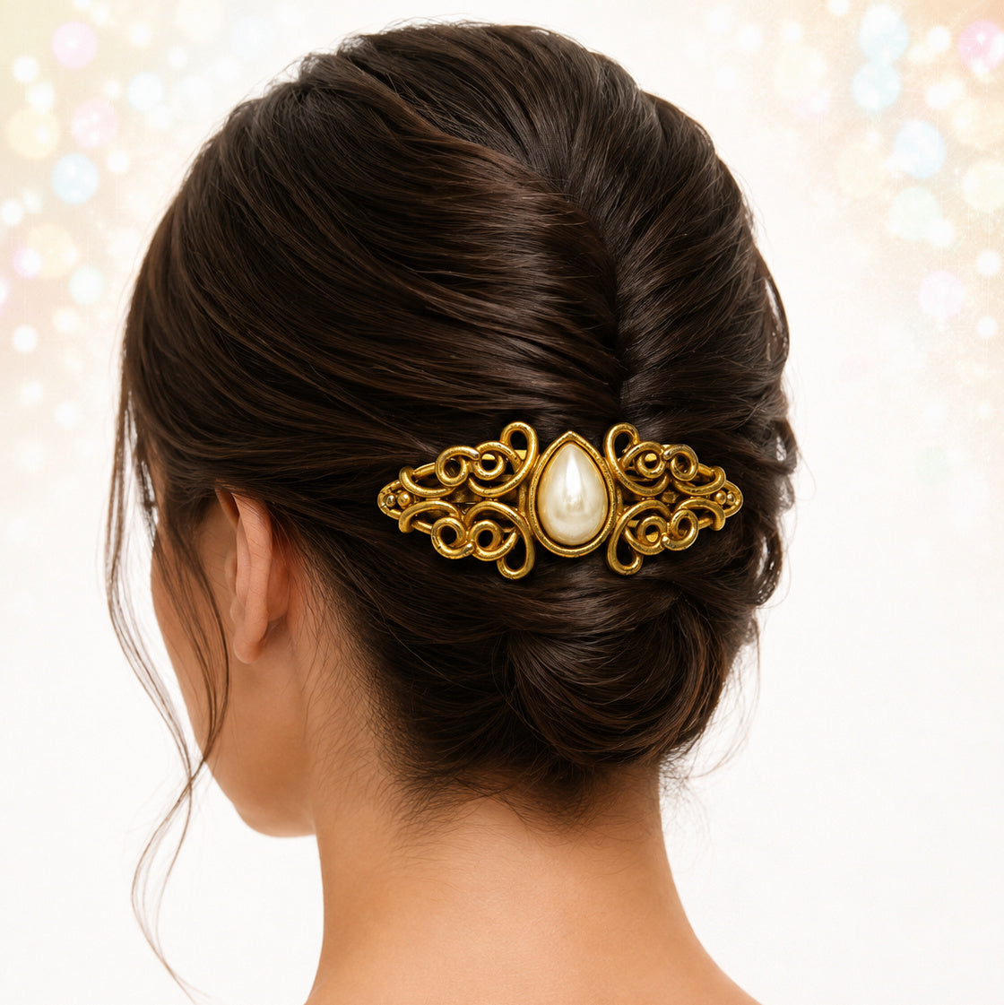 Vintage Juliana Faux Pearl Swirl Gold Tone Hair Barrette IIJJ#9347