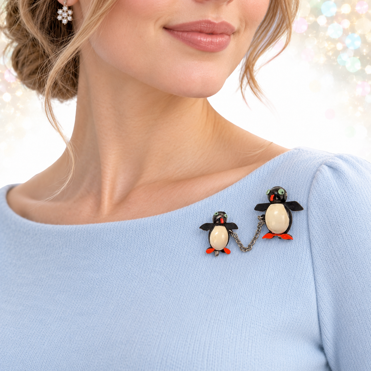 Vintage Figural Penguin Scatter Pins Dimensional Plastic Brooch Pair