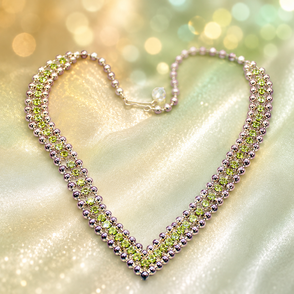 Vintage JULIANA V Shaped Peridot Green Rhinestone Ball Chain Necklace IIJJ#8986