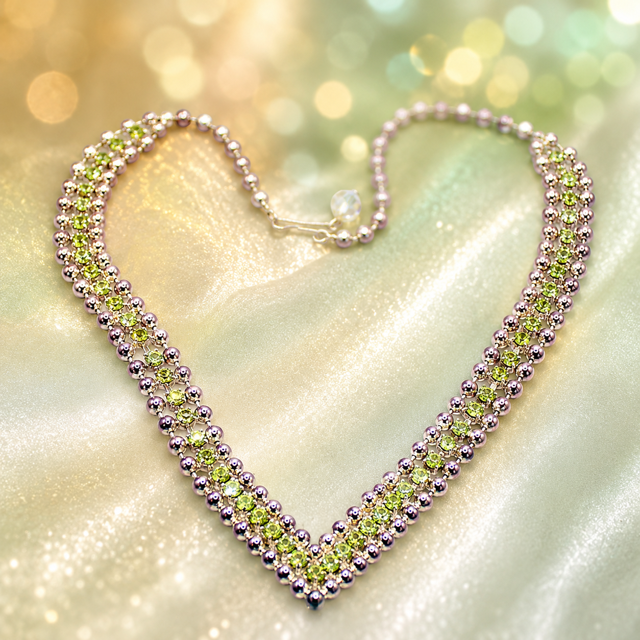 Vintage JULIANA V Shaped Peridot Green Rhinestone Ball Chain Necklace IIJJ#8986