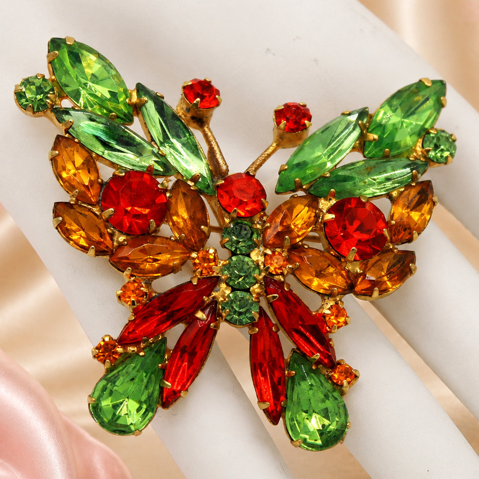 Vintage Juliana Butterfly Brooch Orange Peridot Green Amber Rhinestone IIJJ#9318
