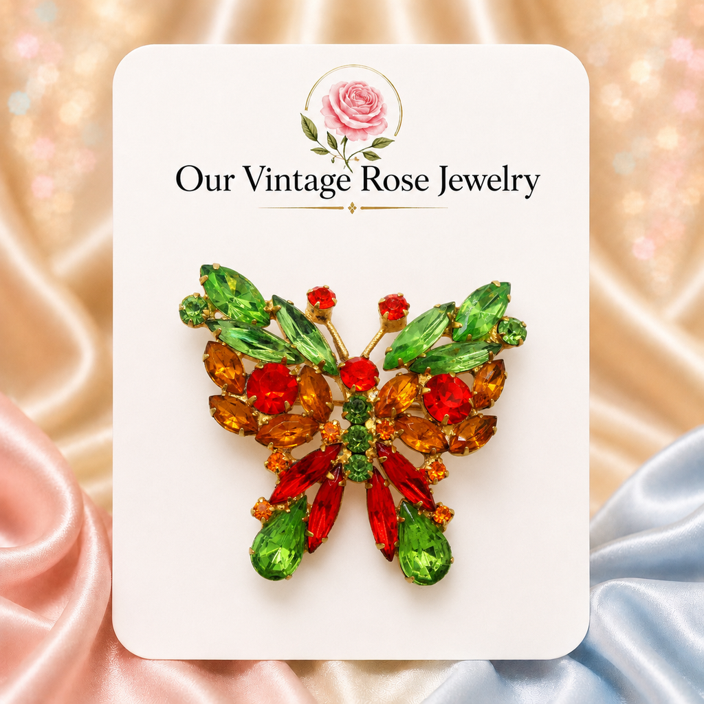 Vintage Juliana Butterfly Brooch Orange Peridot Green Amber Rhinestone IIJJ#9318